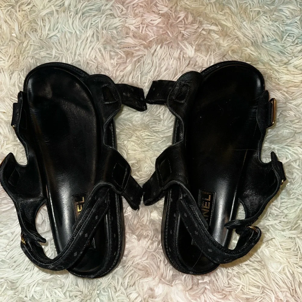 Authentic Chanel CC Logo Slingback Dad Sandals in Black Denim Size 39 - Picture 9 of 16